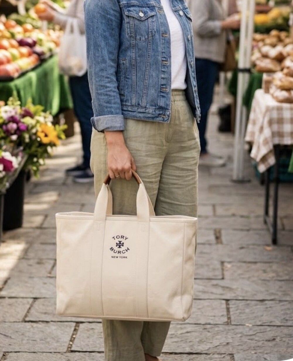 Tory Burch Large Canvas Tote Natural/Navy Blue Trim Market Shopper Beach 17x13
